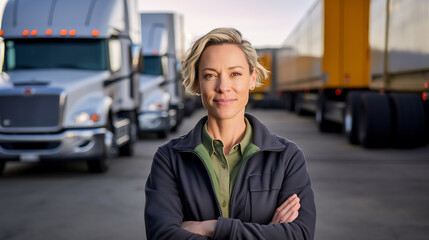 Portrait of young female truck driver standing in front of trucks - obrazy, fototapety, plakaty