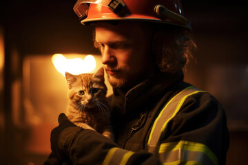Fireman holding a cat in his hands. Hero saving a pet