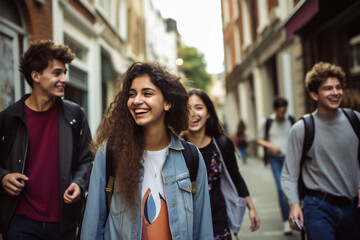 Fototapeta premium Group of cheerful multiracial people together near university building outdoors
