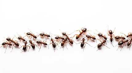 A long line of worker ants marching in search of food. isolated on white background