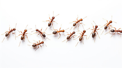 A long line of worker ants marching in search of food. isolated on white background