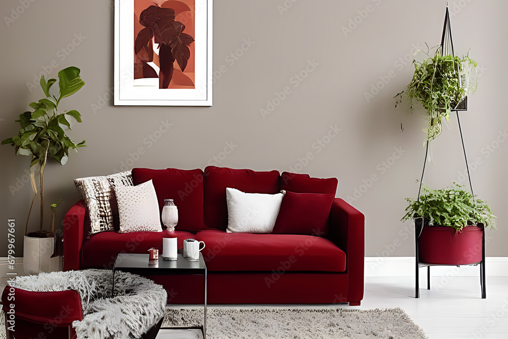 Wall mural a crimson couch and coffee table, potted plants, brown theme wall with vertical blank poster in a mi