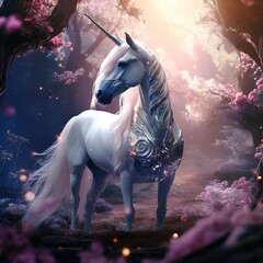 white unicorn with a long mane in a mystical fairytale forest, mountain dew, fantasy, mystical forest, fairytale, beautiful, purple pink and blue tones, dark yet enticing, Nikon Z8 
