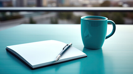 notebook and pen on the table, Notepad on a table with pen before meeting blue cup