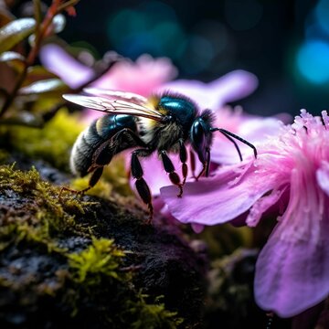 up close sky blue bee on a black rock in a mystical fairytale forest, mountain dew, fantasy, mystical forest, fairytale, beautiful, flower, purple pink and blue tones, dark yet enticing, Nikon Z8