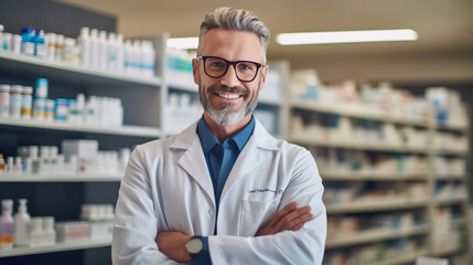Portrait of mature male pharmacist standing in in modern pharmacy, senior man pharmacist wearing glasses, crosses arms and looking at camera smiling - Powered by Adobe