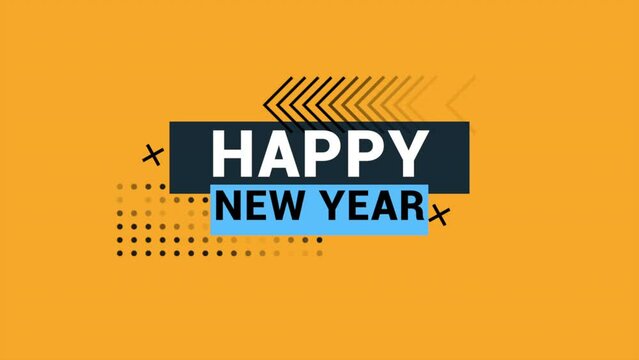 Modern Happy New Year text with geometric pattern on yellow gradient, motion abstract winter holidays, minimalism and promo style background