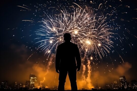 Silhouette of people Celebrate with joy on New Year's Day with a picture of fireworks in the background.