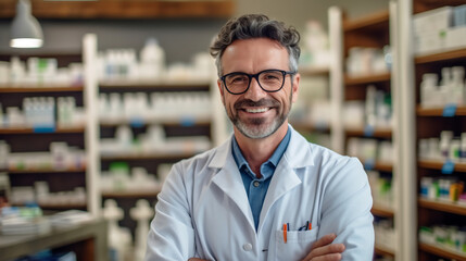 Portrait of mature male pharmacist standing in in modern pharmacy, senior man pharmacist wearing glasses, crosses arms and looking at camera smiling