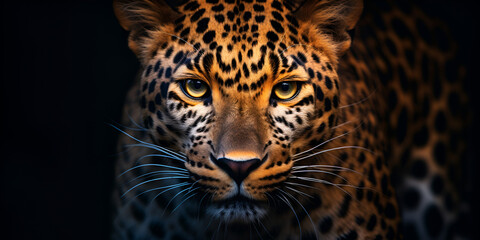 A leopard with yellow eyes is shown in a dark background. Midnight Panther: Elegance and Power in the Shadow 