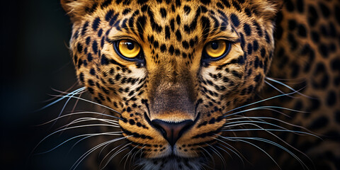 A leopard with a yellow eyes and a black background. Silent Stalker Black-background Leopard with Fiery Eyes 