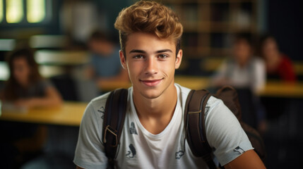 Happy student taking notes while studying in high school. Satisfied young man looking at camera while sitting at desk in classroom.
