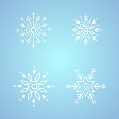 Set of white snowflakes for winter, spring and Christmas elements on isolated blue background, white geometric minimalist snowflake elements and icons concept design