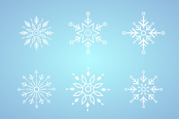 Fototapeta na wymiar Six object, symbol white snowflakes for winter, spring and Christmas elements on isolated blue background, white geometric minimalist snowflake elements and icons concept design