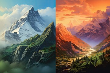 Fantasy landscape with mountains and blue sky. 3d illustration, Stunning painted mountains with a realistic art style, AI Generated