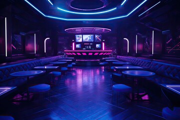 3d rendering of a night club interior with neon lights and seats, stylish nightclub with neon spotlights, AI Generated