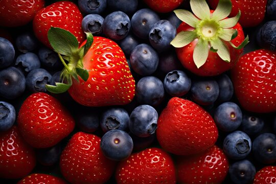 Strawberries and blueberries on a dark background close-up, strawberries and blueberries HD 8K wallpaper Stock Photographic Image, AI Generated