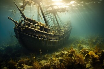 Underwater view of an old sunken ship on the seabed, sunken tall ship, AI Generated