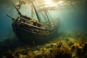 Rolgordijnen Underwater view of an old sunken ship on the seabed, sunken tall ship, AI Generated © Iftikhar alam