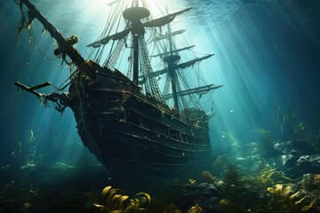 Sunken pirate ship in the sea. Underwater world, sunken tall ship, AI Generated