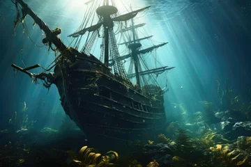 Papier Peint photo Naufrage Sunken pirate ship in the sea. Underwater world, sunken tall ship, AI Generated