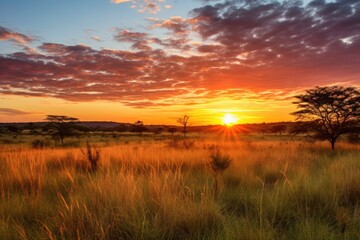 Sunset in the Okavango Delta - Moremi National Park in Botswana, Sunrise over the savanna and grass...