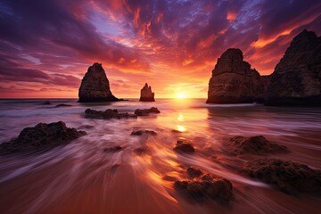 Twelve Apostles at sunset, Great Ocean Road, Victoria, Australia, Sunset at the beach in Lagos, Portugal. Long exposure, AI Generated