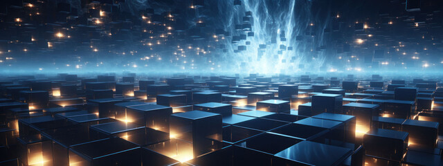 Cascading light filters through a grid of illuminated blocks, portraying a digital downpour in a cubic world.