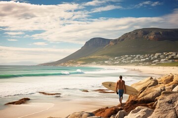 Surfer with surfboard on the beach in Cape Town, South Africa, Surfer at Llandudno beach in Cape Town, South Africa, AI Generated