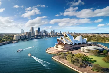 Cercles muraux Sydney Sydney Opera House and Sydney Harbour Bridge, Australia. Panoramic view, Sydney, Australia. Landscape aerial view of Sydney Opera house near Sydney business center around the harbour, AI Generated