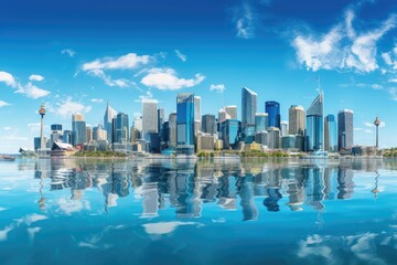 Toronto city skyline with reflection in water, Ontario, Canada, Europe, Sydney City panoramic view. Australia, July. Skyscrapers reflected in the water, AI Generated