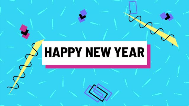Happy New Year text with memphis abstract geometric pattern, motion holidays and winter style background for New Year and Merry Christmas
