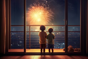 Little boy and girl looking at fireworks on the background of the window.