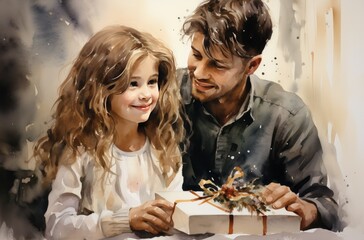Portrait of a cute little girl and her father with gift box.