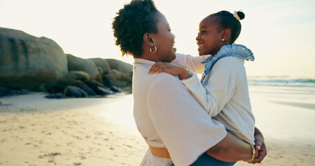 Woman, love and hug child by beach, smile and nature to support relax on calm holiday. Happy...
