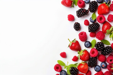 Obraz premium Top view of fresh mix berry with white background. Banner design