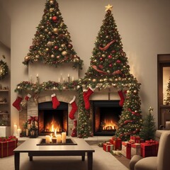 christmas tree with gifts , decorated christmas tree ,christmas tree and fireplace ,fireplace with christmas decorations