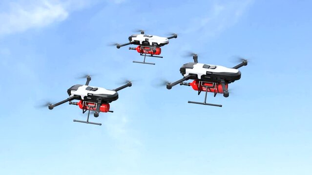 Fire fighting drone concept, Extinguish fire with the drone flying in the sky