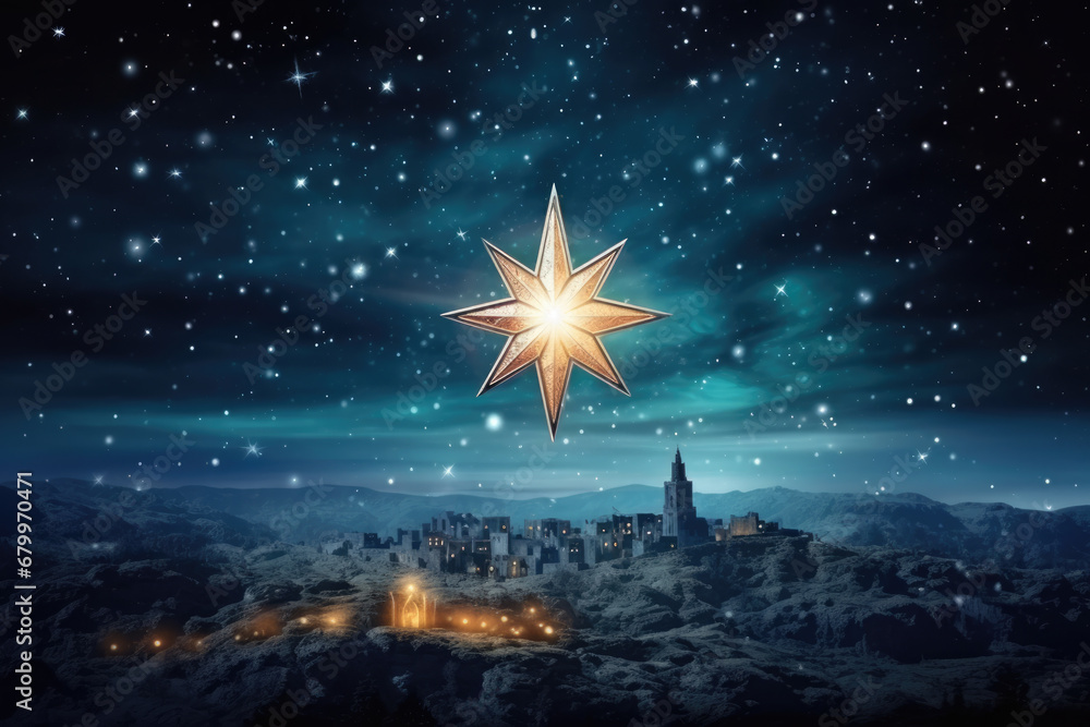 Wall mural christmas night. comet star in night starry sky of bethlehem. nativity scene. jesus christ birth. th