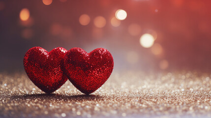 2 red glitter hearts with sparkle background. Banner background