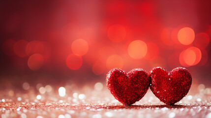 2 red glitter hearts with sparkle background. Banner background