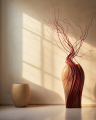 Minimalist vase and branches in sunlit decor