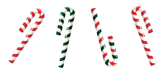 Fototapeta premium Sweet candy from a Christmas candy cane in red and white and green stripes. An empty Christmas and New Year template. Vector cartoon illustration isolated on a white background.