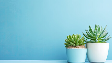 Succulents with blue background with copy space for text, 