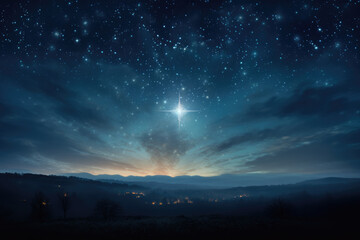 Christmas night. Comet star in night starry sky of Bethlehem. Nativity scene. Jesus Christ birth. The star shines over the manger of Jesus Christ. - 679970835