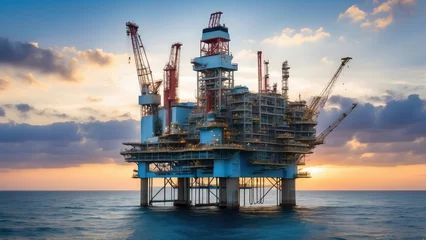 Fotobehang oil drilling rig at sunset time in the ocean © ahmudz