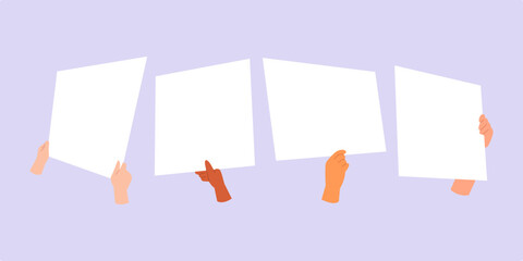 set of several hand with different skin color holding empty board, paper, placard, banner. flat style, vector illustration.