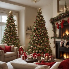 christmas tree and fireplace, christmas tree and decorations