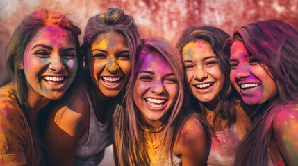 Fototapeta premium Multiethnic group of young cheerful friends playing with colorful holi powder celebrating summer festival at park