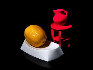 Composition with lemon taking a bath on a black background